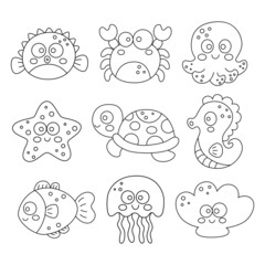 Set sea or ocean animals icons isolated on white background. illustration vector.  