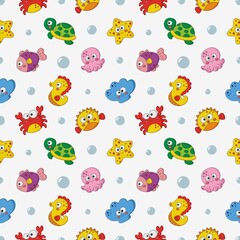 seamless pattern cute funny sea and ocean animals cartoon isolated on white background. illustration vector.  