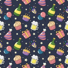 party celebration seamless pattern. birthday icons. carnival festive items on blue background. vector illustration.