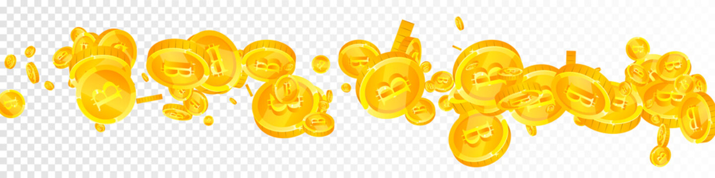 Bitcoin, internet currency coins falling. Brilliant scattered BTC coins. Cryptocurrency, digital money. Likable jackpot, wealth or success concept. Vector illustration.
