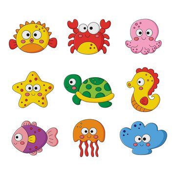 cute funny sea and ocean animals cartoon isolated on white background. illustration vector.  