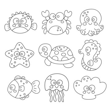 Set sea or ocean animals icons isolated on white background. illustration vector.  