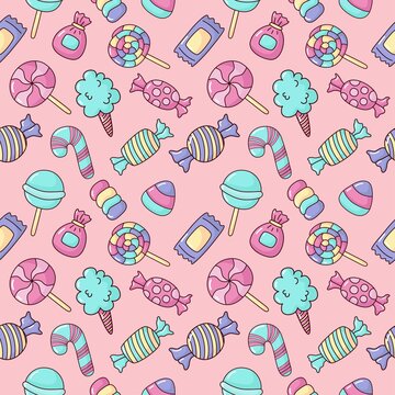 cute candy seamless pattern. sweets desserts isolated on pink background for cafe or restaurant. illustration. vector.