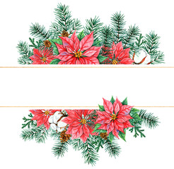 Watercolor Christmas wreath with poinsettia, fir branches and cotton, with place for text. Illustration for greeting cards and invitations isolated on white background.