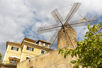 Townhouse and historic windmill of Es Jonquet in old town of Palma de Mallorca, Mallorca, Balearic Islands, Spain