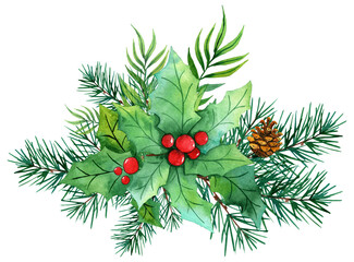 Watercolor Christmas bouquet with holly branches, leaves, berries, pine, spruce, green branches on a white background. Christmas flower arrangement for greeting card, design, social media decoration.