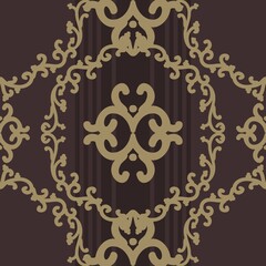 Baroque gold ornament on dark background. Vintage texture pattern. Seamless damask pattern. Vector illustration. For wallpaper, textiles, tiles or wrapping paper.