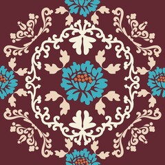 Blue vintage flowers with ornate patterns on burgundy background. Vintage texture pattern. Seamless damask pattern. Vector illustration. For wallpaper, textile, tile or wrapping paper.