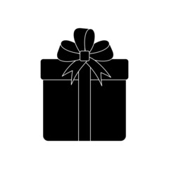 gift icon, box tied with ribbon with bow, black outline isolated on white background, vector illustration