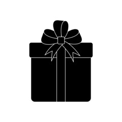 gift icon, box tied with ribbon with bow, black outline isolated on white background, vector illustration