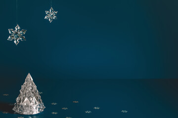 Empty stage with Christmas decorations made of crystal glass. Minimal mockup xmas winter scene - Christmas tree and snowflakes on dark blue background with copy space, front view.