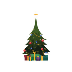 Decorated christmas tree with garlands, gift boxes, star, lights, decoration balls and lamps. Merry Christmas and a happy new year. Flat style vector isolated illustration. 