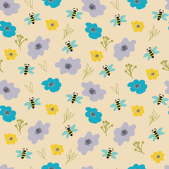 Pattern with flowers leaves and a bee.Yaktsie flowers on a pastel background.Contour of leaves and a yellow bee.Children's textiles, scrapbooking, banners, notepad, advertising.Illustrator, vector.