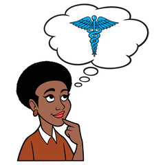 Woman thinking about Health Insurance - A cartoon illustration of a Woman thinking about getting Health Insurance.