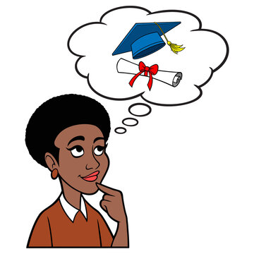 Woman Thinking About Graduation - A Cartoon Illustration Of A Woman Thinking About Getting A Cap And Diploma For Graduation.