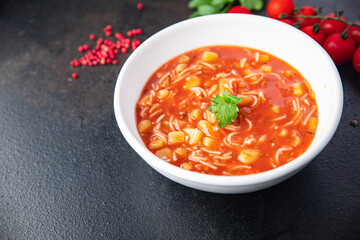 tomato soup pasta red first course dish meal snack copy space food background rustic