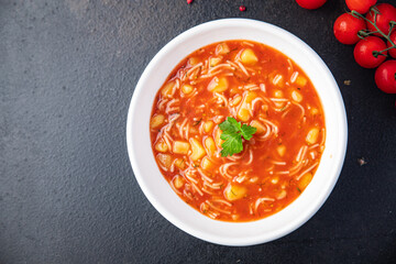 tomato soup pasta red first course dish meal snack copy space food background rustic