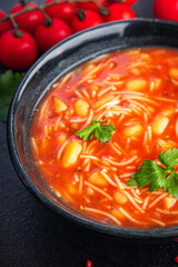 tomato soup pasta red first course dish meal snack copy space food background rustic