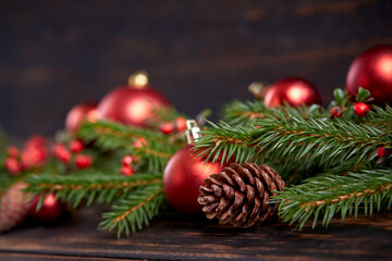Christmas decoration with ball and fir branches