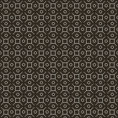 simple vector pixel art black and white seamless pattern of minimalistic abstract square, rhombus, circle ornate tile on black background