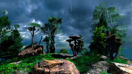 Fantastic natural landscape. Rain in an alien jungle. Extraterrestrial vegetation and huge mushrooms against the backdrop of a stormy sky. Huge stones in grass. Fantasy 3D illustration. © Valeriy
