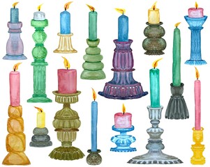 Set of candles, watercolor illustration