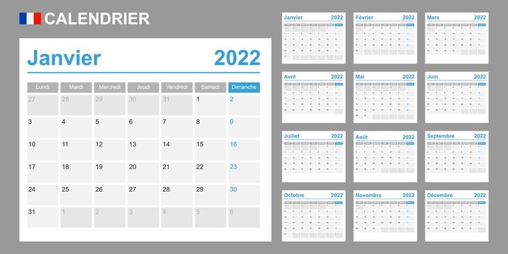 French calendar for 2022. Week starts on Monday. Simple vector template. Business design planner.