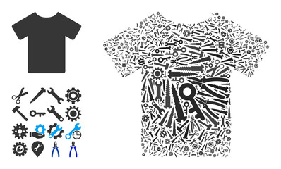 Repair service T-shirt composition of service tools. Vector T-shirt is designed of gears, spanners, and other tools, and based on T-shirt icon. Concept for mechanic service.