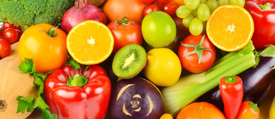 background from different vegetables and fruits. Wide photo.