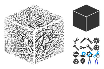 Service isometric cube composition of service tools. Vector isometric cube is created with cogwheels, wrenches, and other tools, and based on isometric cube icon. Abstraction of tuning service.