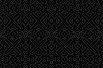 Embossed black background design. Abstract texture with geometric volumetric convex ethnic 3D pattern, art deco. Vector graphic template for business background, magazine layout, brochure, booklet.