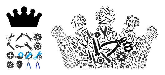 Repair workshop crown composition of tools. Vector crown is designed of gear wheels, wrenches, and other tools, and based on crown icon. Abstraction of technician service.