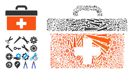 Service first aid toolbox composition of service tools. Vector first aid toolbox is composed of gearwheels, spanners, and other tools, and based on first aid toolbox icon.