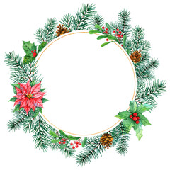 Fototapeta na wymiar Watercolor circle floral frame with winter plants and gold frame. Hand painted poinsettia and fir branches, berries and leaves, pine cones on a white background. Festive Christmas card for design