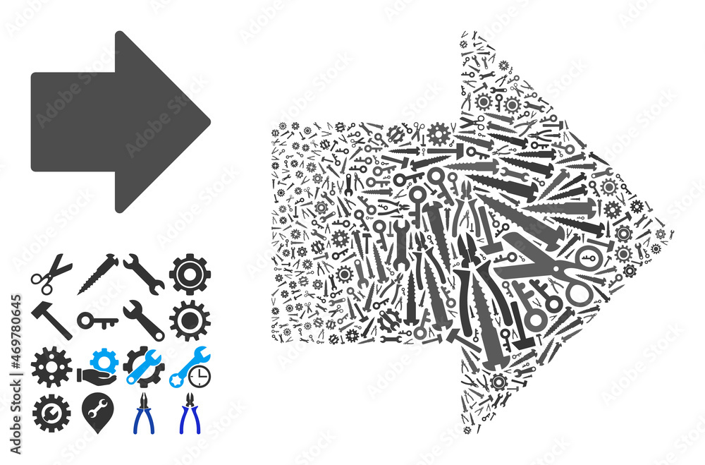 Poster repair workshop arrow right composition of service tools. vector arrow right is designed with gears,