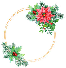 Watercolor circle floral frame with winter plants and gold frame. Hand painted poinsettia and fir branches, berries and leaves, pine cones on a white background. Festive Christmas card for design