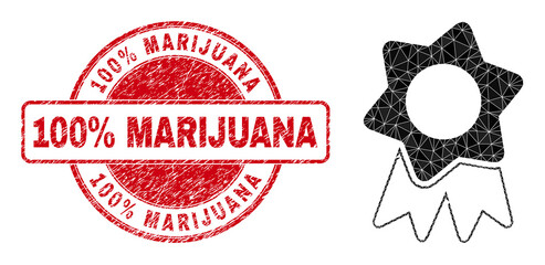 Low-Poly polygonal award badge 2d illustration, and 100% MARIJUANA unclean stamp seal. Red stamp has 100% Marijuana caption inside circle shape. Award badge icon is filled with triangle mosaic.