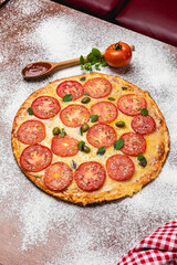 Delicious Pizza Classic Homemade Tomato Sauce Sausage Cheese Onion Meat Pasta Shrimp Restaurant Menu Gourmet on a wooden table