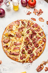 Delicious Pizza Classic Homemade Tomato Sauce Sausage Cheese Onion Meat Pasta Shrimp Restaurant Menu Gourmet on a wooden table