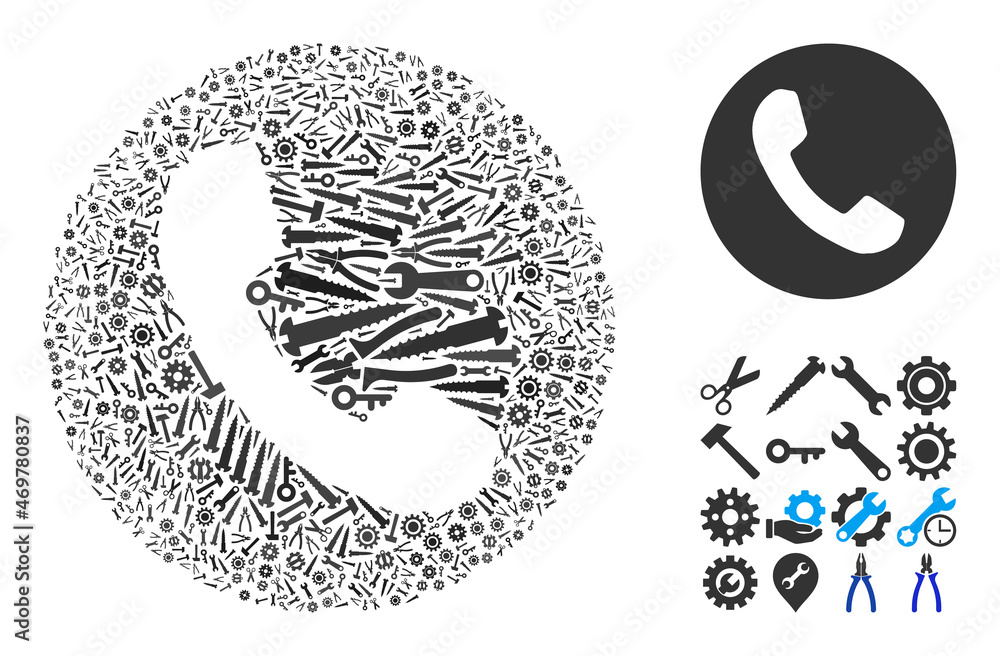 Aufkleber service phone number collage of service tools. vector phone number is designed of cogs, wrenches, an