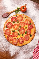 Delicious Pizza Classic Homemade Tomato Sauce Sausage Cheese Onion Meat Pasta Shrimp Restaurant Menu Gourmet on a wooden table