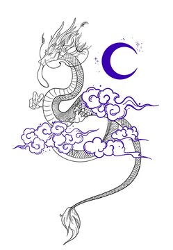 sketch beautiful writhing dragon with clouds and moon
