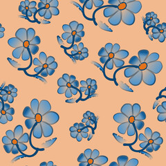 Blue Flowers Yellow Background Flowering Plants Seamless Pattern Textile Cover.