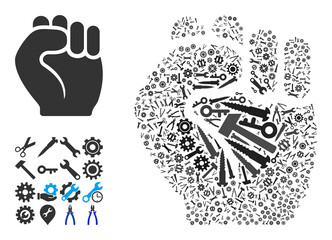 Service fist collage of service tools. Vector fist is created from cogwheels, spanners, and other tools, and based on fist icon. Concept of industrial service.