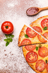 Delicious Pizza Classic Homemade Tomato Sauce Sausage Cheese Onion Meat Pasta Shrimp Restaurant Menu Gourmet on a wooden table