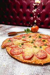 Delicious Pizza Classic Homemade Tomato Sauce Sausage Cheese Onion Meat Pasta Shrimp Restaurant Menu Gourmet on a wooden table