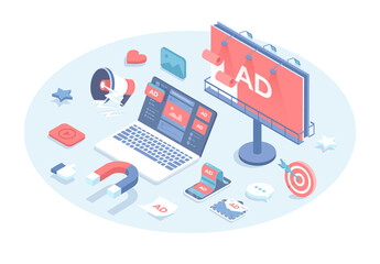 Advertising marketing campaign. Product promotion using outdoor, internet  ads, direct marketing. Photo video ad in social networks, spam, billboard. Vector illustration in 3d design. Isometric banner - obrazy, fototapety, plakaty