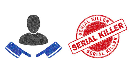 Low-Poly polygonal butcher icon illustration with Serial Killer scratched stamp seal. Red seal includes Serial Killer caption inside round shape. Butcher icon is filled with triangles.