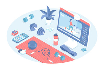 Online sport. Personal fitness training web broadcast exercises on a monitor screen. Professional instructor trainer online. Vector illustration in 3d design. Isometric web banner.