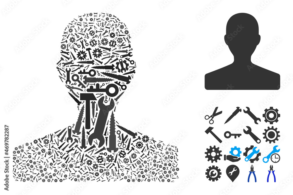 Poster service customer composition of service tools. vector customer is created of cogwheels, wrenches, an